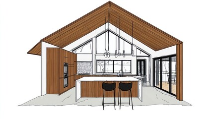 Modern kitchen design sketch with a vaulted ceiling.