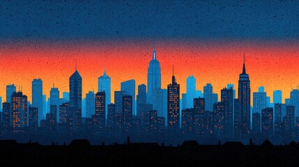 A stunning skyline silhouette during sunset, showcasing iconic skyscrapers against a gradient sky.