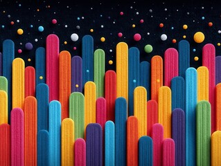Colorful abstract design with vertical shapes creating a vibrant landscape of hues against a dark background.