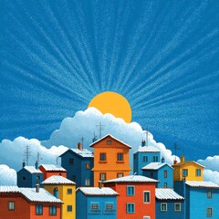 Colorful houses basking in sunlight with a vibrant sky create a charming urban landscape during winter.