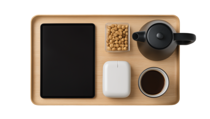 Minimalist Workspace with Coffee, Tablet, and Snacks on Transparent Background