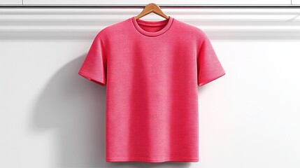 A stylish, minimalistic t-shirt hanging on a wooden hanger in a bright, modern setting.