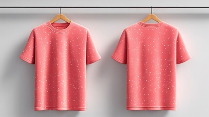 Stylish pink t-shirt displayed on a hanger, showcasing a modern design and comfortable fabric for everyday wear.