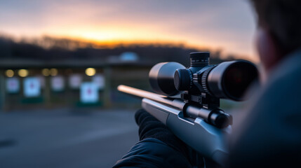 Man aiming with scoped rifle at shooting range during sunset, ready to take a shot.

