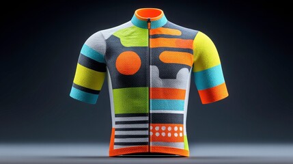 A vibrant cycling jersey featuring an abstract design with bold colors and patterns, perfect for sports enthusiasts.