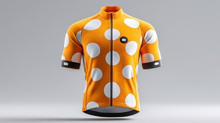A vibrant yellow cycling jersey with white polka dots, perfect for athletes and cycling enthusiasts.