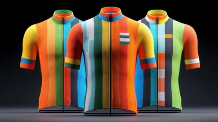 Three vibrant cycling jerseys displayed against a dark background, showcasing unique designs and colors.