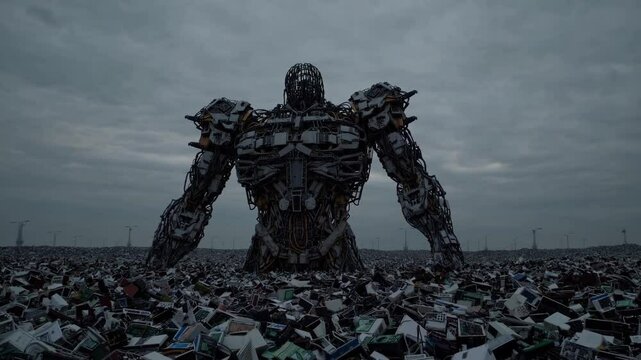 Colosse m&eacute;canique &eacute;mergeant d&rsquo;un champ de d&eacute;chets