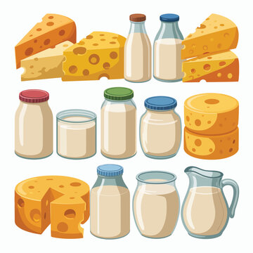 Collection of dairy products including cheese and milk in bottles and jars