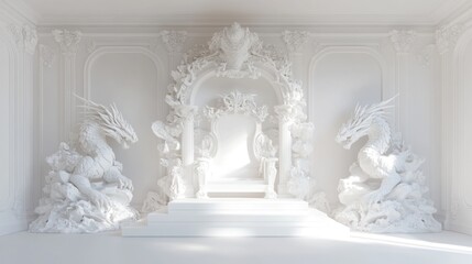 White sculpted dragons in an ornate, empty room.
