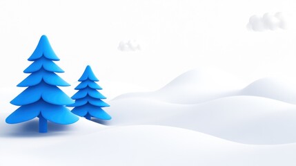 Two stylized blue fir trees on a snowy landscape.