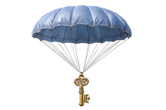 Blue parachute descending with ornate golden skeleton key image