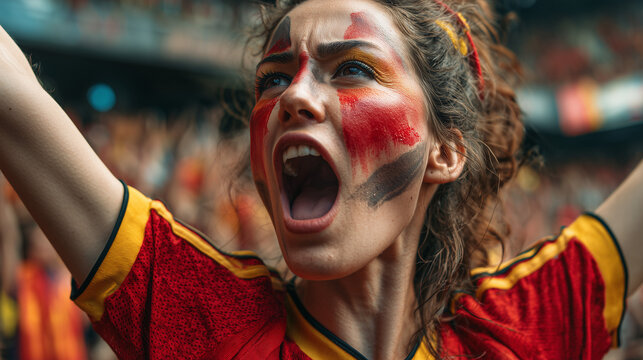 A woman in a red soccer jersey screaming with joy, celebrating a goal, full of energy and excitement, passionate football fan, stadium vibes, cheering enthusiastically.