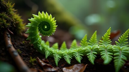  A detailed macro shot of a green fern unfurling in a damp forest, droplets of water clinging to the leaf tips, with rich earthy textures in the background -