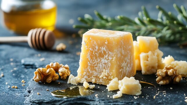 Aged pecorino cheese, honey, and walnuts on dark slate