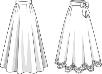 Skirt illustration sketch, pleated silhouette design, lace hem detail, bow waistband, front and back view, fashion drawing, stylish garment layout, apparel concept art