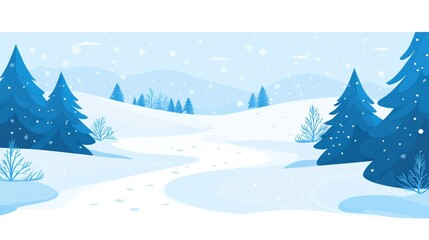 A winter landscape scene with snow-covered hills and trees.