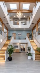 Obraz premium Bright and airy entrance showcases a spacious layout with teal walls, natural lighting, wooden stairs, and a stunning chandelier