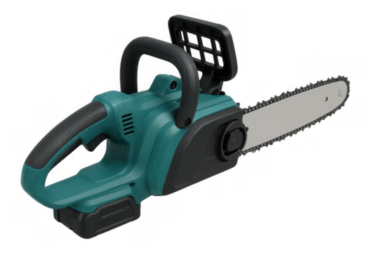 Professional cordless chainsaw cutting wood, resting against neutral white backdrop, showcasing powerful electric landscaping tool