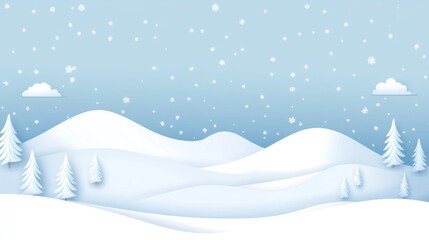 Winter wonderland scene with snow-covered hills and trees.