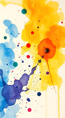 Abstract Colorful Ink Splashes: Vibrant Yellow, Blue, and Purple Watercolor Background
