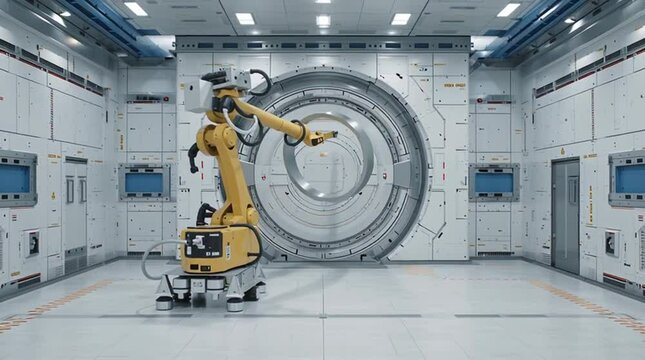 A futuristic robotic arm operates within a sleek, high-tech facility, demonstrating advanced automation and engineering capabilities essential for modern industrial applications.