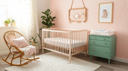 A nursery with a light pastel color scheme.