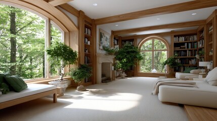 Fototapeta premium Relaxation unfolds in a cozy attic bedroom featuring an arched window and fireplace, with bookshelves enhancing the warm ambiance