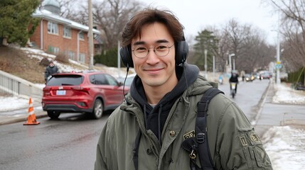 Fototapeta premium Asian man in his late twenties enjoys a winter day on Queen Street in Toronto, smiling brightly while walking among others and cars