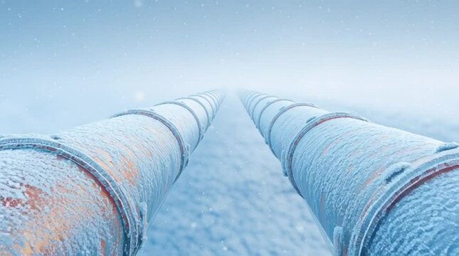 A scenic view of parallel industrial pipes covered in frost, leading into a soft-focus snowy background