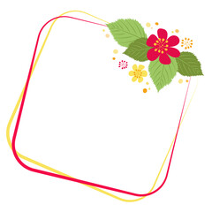 Bright square frame in flat style with flowers and leaves. Vector background for photo, text, copy. Simple flat shapes of elements. Yellow, red, green color. Delicate stylish design of sticker, label