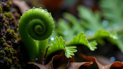  A detailed macro shot of a green fern unfurling in a damp forest, droplets of water clinging to the leaf tips, with rich earthy textures in the background -