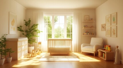 Sunny nursery with light wooden furniture and plants.