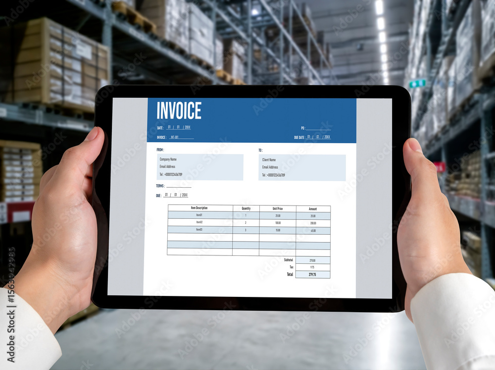 Poster invoice on computer screen from accounting application. computer program for financial and budget of