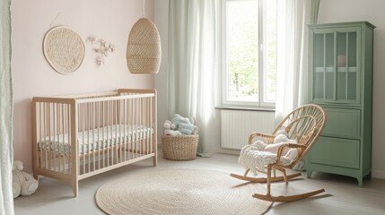 A light-filled nursery with a wooden crib, rocking chair, and pastel accents.
