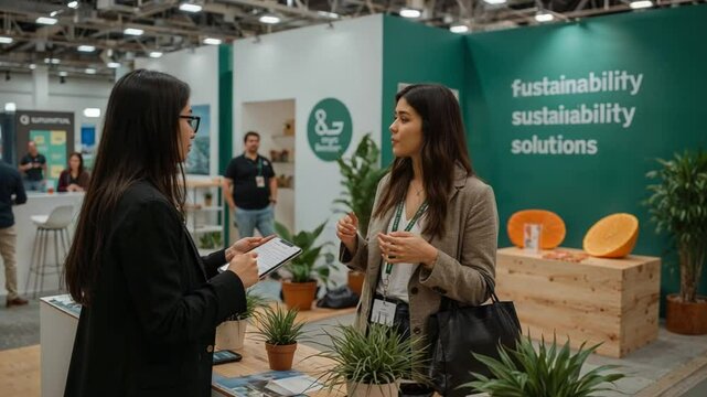 Business Professionals Networking at a Sustainable Solutions Trade Show Booth with Green Initiatives and Eco-Friendly Displays