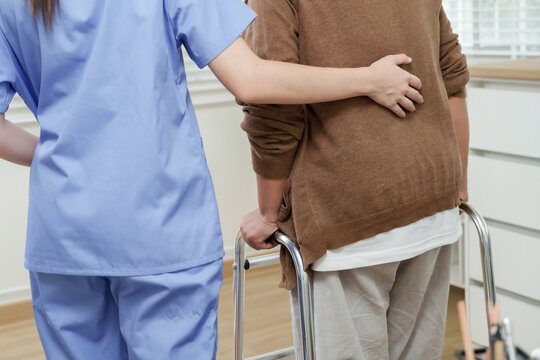 Close up moment of female asian physiotherapist supporting senior asian woman from back while walking with walker during physical therapy session for strength and mobility recovery