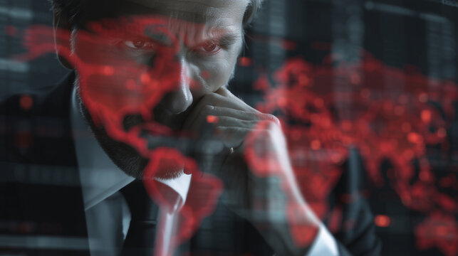 Focused IT specialist surrounded by glowing red alerts and blue holographic threat maps