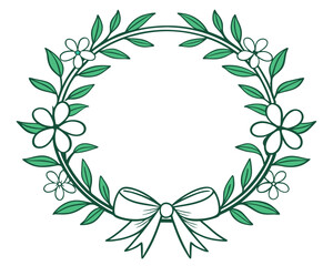 Elegant floral wreath design featuring delicate white flowers green leaves and a stylish ribbon bow element.