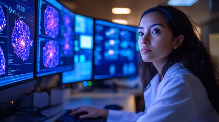 Focused researcher analyzing complex data on multiple monitors in a blue-lit laboratory