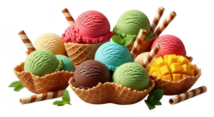 Colorful Ice Cream Scoops in Waffle Cones with Mint and Chocolate Accents for Summer Treats, isolated on a transparent background