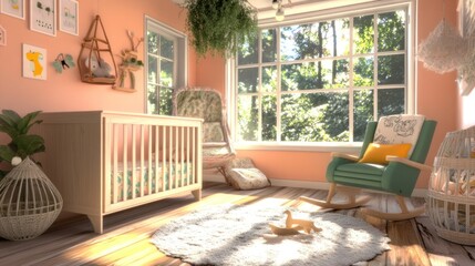 A sunlit nursery with a wooden crib and rocking chair.