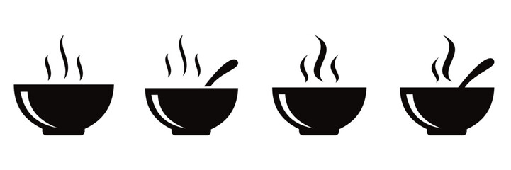 Steaming Hot Soup Bowl Icon with Spoon – Solid Silhouette Vector Illustration