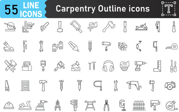 Carpentry Outline icons set for woodworking work, editable stroke icon set for UI design or print