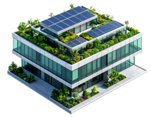 Isometric View of Eco-Friendly Glass Office Block with Minimal Design, isolated on a transparent background