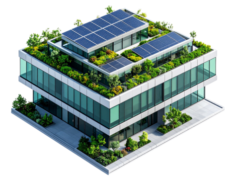 Isometric View of Eco-Friendly Glass Office Block with Minimal Design, isolated on a transparent background - Powered by Adobe