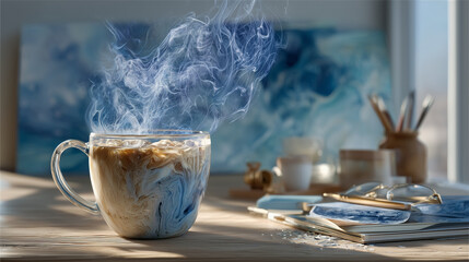 Aromatic steam swirls as morning brew fills mug, sunlight brushing desk items