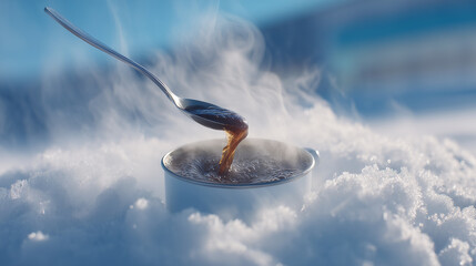 Spoon swirling dark brew in tin cup, steam curling in crisp morning air