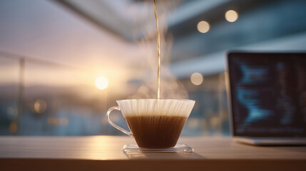 Pouring coffee at sunlit desk, soft-focus tech in background, steam rising calmly