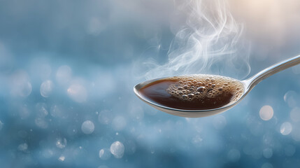 Spoon swirling dark brew in tin cup, steam curling in crisp morning air